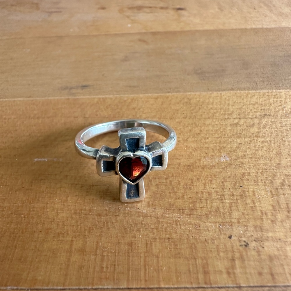 James Avery Silver Cross Ring with Red Garnet